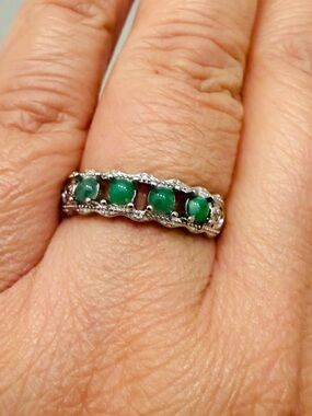 Natural Green Jade Adjustable Ring Silver Tone Copper Band Milgrain Filigree